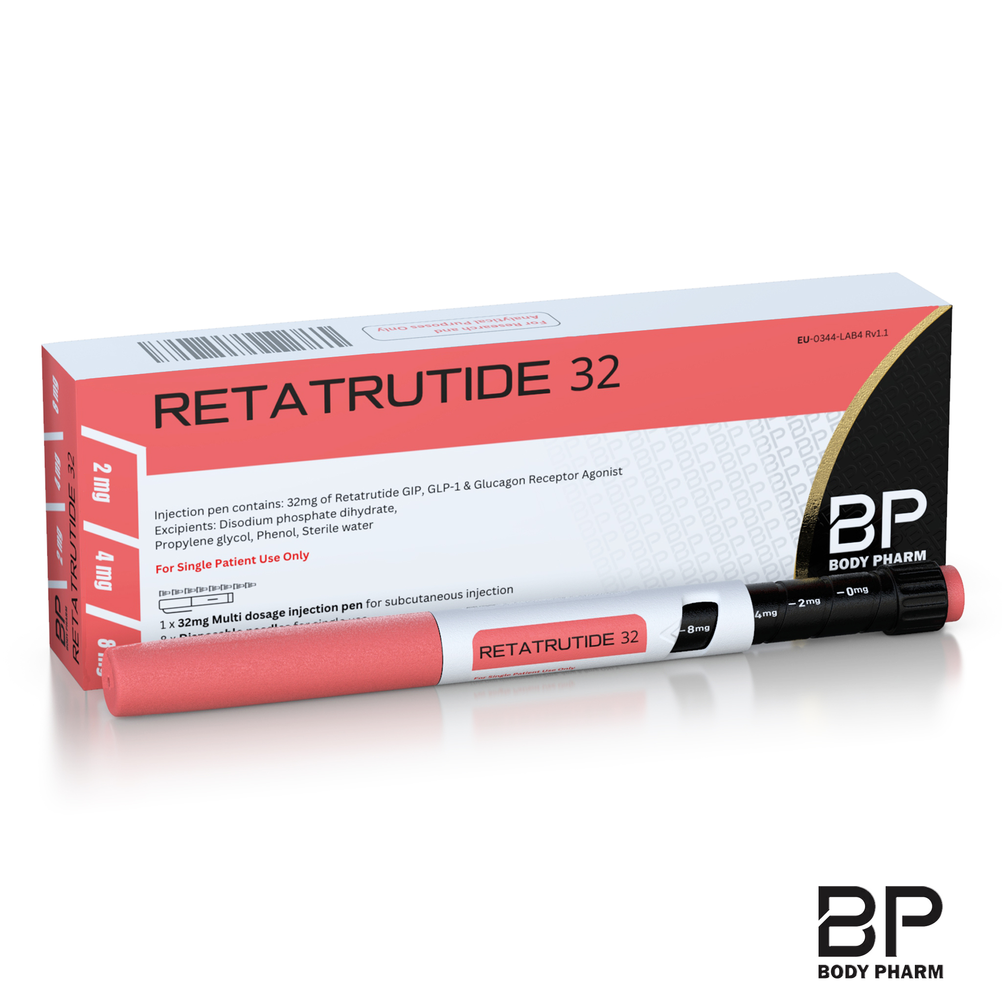 Body Pharm Retatrutide 32mg multi-dosage injection pen with packaging box showing GIP, GLP-1 and Glucagon Receptor Agonist formulation for research purposes